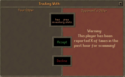 Example of a common scam attempt in Old School Runescape with warning indicators